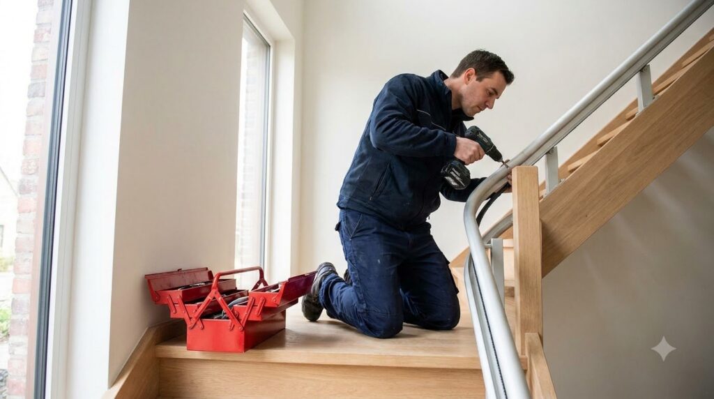Monteur installeert een traplift op een trap in een Belgische woning