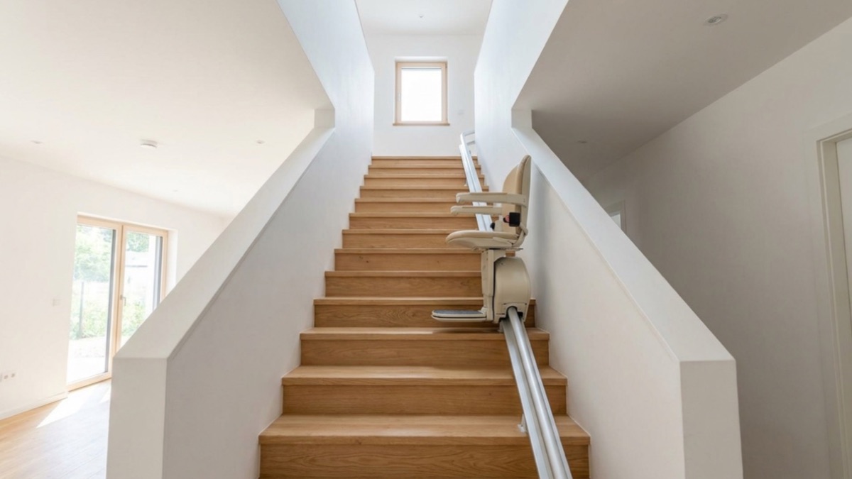 Lange rechte houten trap in een witte trappenhal, met een traplift op een rail langs de muur.